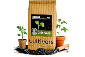 CULTIVERS Biochar Carbón Vegetal 40 L (8kg) Mejorador de suelo ecológico para huerto, césped, compost y plantas, Biocarbón acondicionador potencia fertilidad retiene agua y nutrientes y secuestra CO₂