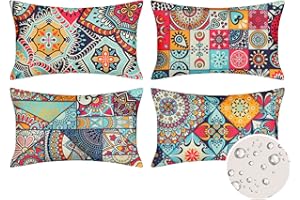 VELVHOM 4er Set Kissenbezüge Wasserdicht Outdoor Dekorative Kissenbezug Sofakissen Bohemian Mandala Geometrisch Baumwolle Leinen Längliche Kissenbezüge für Garten, Terrasse, Bank, Wohnzimmer, Sofa 30 x 50 cm