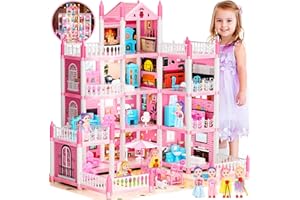 TOPCHILD 3-Story Dream Doll House with 11 Rooms and Accessories, LED Light, Dolls, Play Mat, Pets Playhouse Toy Gift for Girls Aged 3-13