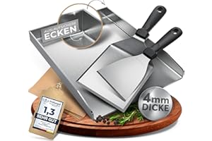 flammtal - Grillplatte aus 4mm rostfreiem Edelstahl [40 x 30cm] - Plancha mit Grillspachtel Set & Burgerpapier - passend für Gas- & Kohlegrill - auslaufsichere Ecken für sauberes Grillen
