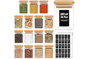 ComSaf 16 Stuks Glazen Kruidenpotjes met Bamboe Deksel – 180 ml Vierkante Voorraadpotten met 275 Etiketten, Luchtdicht Bewaren voor Kruiden en Specerijen, Rijst, Pasta, Linzen, Ontbijtgranen en Snacks