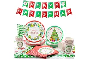 Yuning Weihnachten Partygeschirr Set,127 Stück Partyzubehör Pappteller Set einschließlich Tischdecke Teller Pappbecher Strohhalme Banner Servietten,Weihnachtsteller zum Weihnachten Party