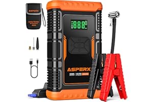 AsperX Booster Batterie Voiture avec Gonfleur,150PSI Booster Compresseur,Portatif Puissant Démarreur Batterie Voiture Jump Starter pour voiture12V (Jusqu'à 8.0L Diesel ou 10.0L Gaz)