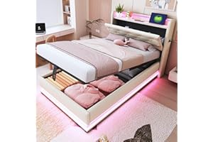 Ymkua Letto Imbottito Letto Singolo 90x200 cm, Bed contenitore con LED e USB Porta, Idraulici Bed frame per Bambini con Struttura Rete a Doghe e Testata Ribaltabile, Linen, Senza Materasso (Beige)