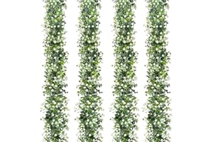 SOMYTING Lot de 4 guirlandes d'eucalyptus artificielles avec fleurs blanches - Décoration verte faite à la main pour fond de mariage, arc, mur, feuilles de vigne protégées contre les UV pour