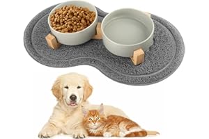 TOSAVGA Comederos para Perros Elevados, Comedero Gato Perro 2 x 400ml, Elevado de Cerámica, Comedero de Cerámica para Perro y Gatos Cachorros con Soporte de Bambú y Alfombrilla Antideslizante