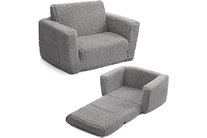 BEJOY Fauteuil Enfant Convertible en Canapé-lit 2-en-1 Sherpa Doux, Cadeau Parfait pour Anniversaire et Fête des Enfants, Gris