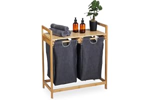 Relaxdays tvättkorgshylla, bambu, utdragbar, natur/grå | HBT: 73 x 64 x 33 cm, 2 fack och 1 hylla, tvättkorg för badrum