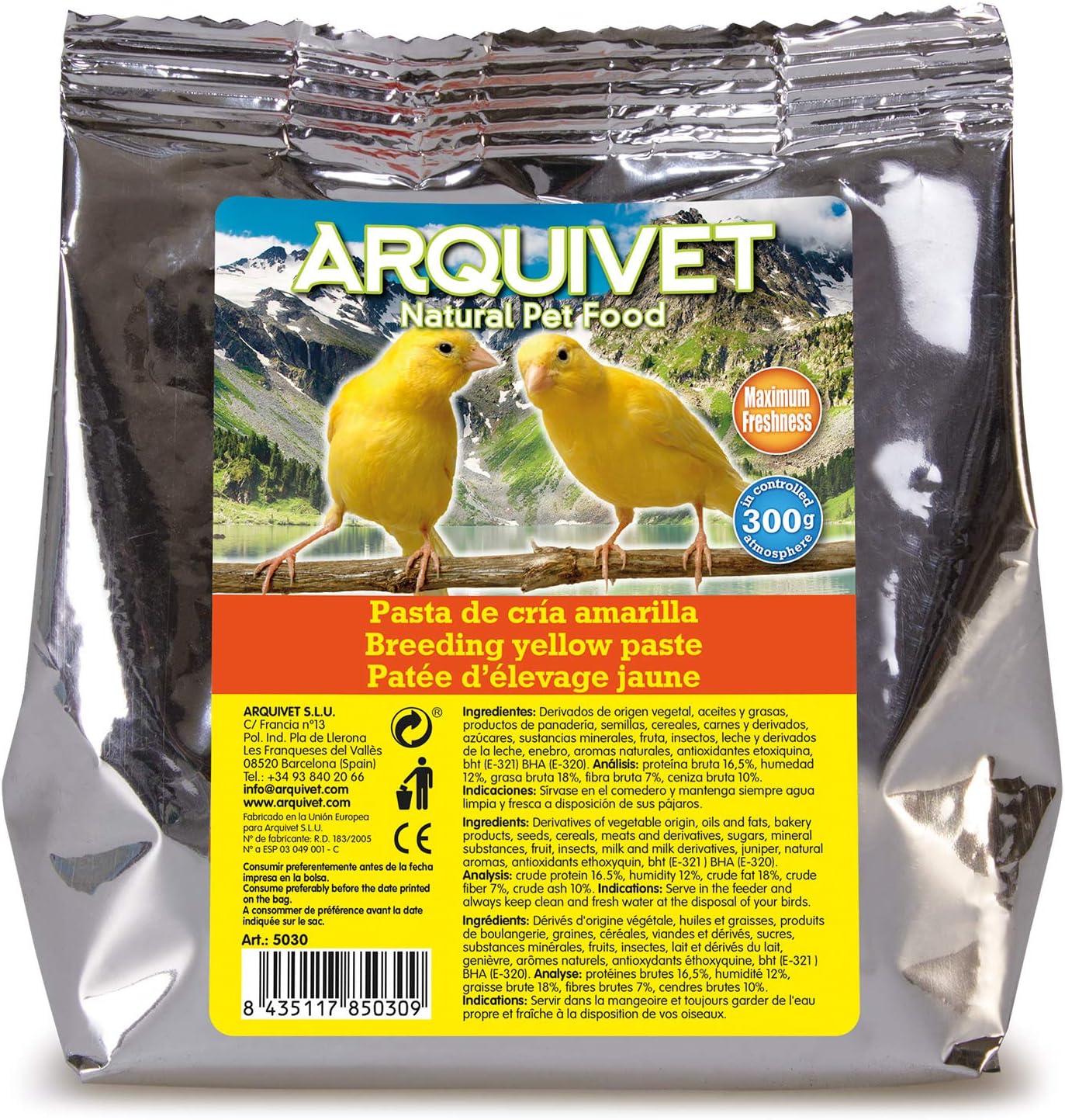 ARQUIVET - Pasta de cría Amarilla y Mantenimiento para pájaros 300 gr - Sabor Neutro - Comida para Todo Tipo de Aves y Especialmente de Plumaje Amarillo