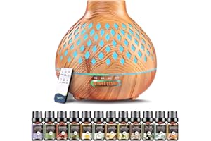 AESHORY Difusor de Aceite Esencial 550ML, Difusor de Aromas con 12 x 5ML Aceites Esenciales, Silencioso Humidificador Ultrasónico con Luces LED e Control Remoto para Hogar, Yoga - Color de la Madera