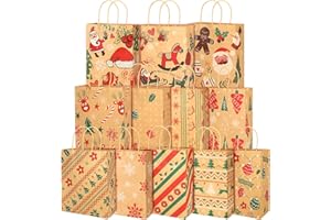 HOWAF Świąteczne torby na prezenty typu kraft, 12 sztuk świątecznych torebek z papieru kraftowego z uchwytem, średnie torby na prezenty, torby na prezenty świąteczne, torby na cukierki, na Boże