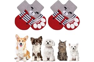 AUAUY Antypoślizgowe skarpety dla psów i kotów, skarpety dla zwierząt domowych, antypoślizgowe, ochrona łap i trakcja, dzięki żelowi silikonowemu, 2 rozmiary, dla małych i średnich zwierząt (czerwone