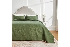 beeweed Copriletto 220x200cm Verde Oliva, Copriletto in 100% Microfibra, Copriletto Trapuntato Leggero, Trapuntino Cucito ad Ultrasuoni con 2 Federe, Motivo Floreale