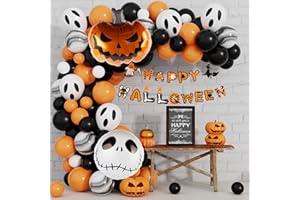 OBCARN 101 Piezas Globos de Halloween, Arco de Globos Halloween, Halloween Decoracion, Calabaza Calavera Fantasma Naranja Globo Negro Para Decoración de Fiesta de Halloween Viene con Pancartas de Decoración