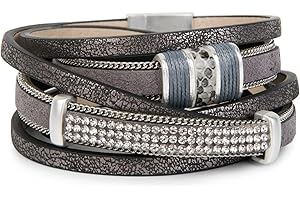 styleBREAKER Vintage owijana bransoletka ze strasem, łańcuszek z ogniwami i zamknięciem magnetycznym, 3-rzędowa, bransoletka damska 05040024