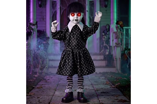 JOYIN 80 cm animatronisk halloweendekoration, spökdocka för utomhusbruk, bulleraktiverad läskig flickfigur med lysande LED-ögon, kuslig rekvisita