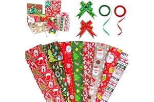 FFTANXS Carta imballaggio Natalizia set, Con Nastri natalizi e Fiocchi regalo, 8 Pcs Carta da Regalo ​Natale, Carta Natale per Regali Carta da Pacchi Rossa, Collezione Di Elementi Natalizi Carta Regalo