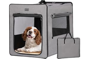 Petsfit Cassetta per cani grande, portatile per cani da viaggio, in tessuto leggero, con finestra a rete a tre lati e tasca per alimenti per cani di taglia media e grande, grigio chiaro