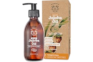 Bionoble Organic Jojoba Oil 200ml - 100% Pure, Natural and Cold Pressed - Face, Body, Hair, Beard, Nails - Vegan and Cruelty Free - Glass Bottle + Pump