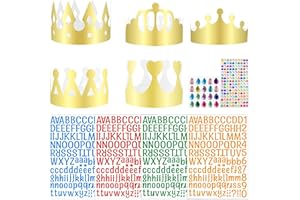 Powmag Goldene Papierkronen, 5Pcs Golden Paper Crowns, Party Hats Crown mith Self-Adhesive Diamond Sticker Gemstones, mith buchstaben aufkleber, Junge Mädchen Prinzessin Geburtstagsfeier