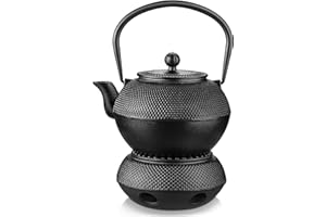 Velaze Japoński Żeliwny Czajnik, Emaliowany Wewnątrz Klasyczny Czarny, Żelazny Imbryk na Herbatę o Pojemności 1,1L, z Cieplejszym i Wysokim Uchwytem, Koszem Liści Herbaty, Zestaw do Herbaty