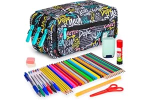 ColePack Design - Lote de Estuche Portatodo Triple con 3 Cremalleras y Material Escolar de Primeras Marcas Incluido (Wall)