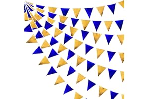 PINK BLUME 32Ft Blue Gold Fabric Triangle Banner Flag Double Sided Metallic Holographic Pennant Bunting Garland for Bachelorette Engagement Wedding Birthday Baby Shower Anniversary Graduation Party Decorations