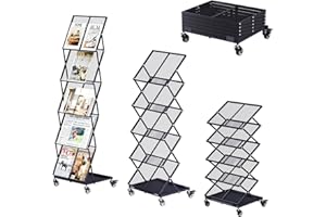 tonchean Foldable Magazine Rack Floor Standing with Wheels, 5 Layer Folding Brochure Display Stand, Adjustable Metal Leaflet Literature Newspaper Display Stand for Exhibition Trade Show Office Hotel