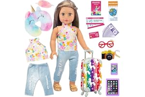 ZITA ELEMENT 24 Pcs Fashion 18 Inch Dolls Travel Suitcase Play Set Unicorn Pattern Doll Clothes and Accessories for 18 Inch Dolls (Doll & Shoes Are Not Included)