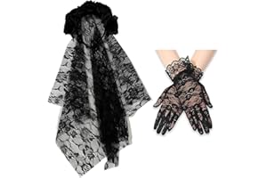 Tbczvx 2 Pcs Black Veil Set, Halloween Lace Headwear, Black Lace Short Gloves, Practical Rose with Veil Headband, Suitable for Halloween Parties/Day Of The Dead/Weddings/Dances Black Mesh Gloves