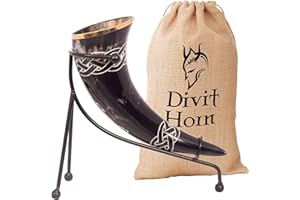 DIVIT HORN Divit véritable corne à boire Viking avec support en fer | Corne à boire de la bière médiévale authentique | Décorations en laiton et pochette cadeau en lin incluses. (Wolf, Polished)