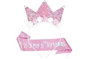 LunarCharm 5th birthday decorations for girls, hairband and glitter sash for 5-year-old girls as birthday decorations, flower princess crown hairband