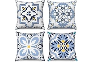 Hnmdmyi Funda de cojín Boho 40x40 Juego de 4, Azul y Amarillo Retro Geométrico Mandala Floral Fundas de Cojín Decorativas Funda de Cojín Cuadrada de Lino para Sofá Cama Exterior Decoración del Hogar