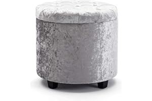 ‎HNNHOME HNNHOME Sitzhocker mit Stauraum, Sitzwürfel mit Deckel, Sitztruhe, Fußbank Truhen Aufbewahrungsbox, Wolken Samt, 45 cm runder Massivholz, 45 L, 45 x 45 x 43 cm (Silbergrau, Eissamt)