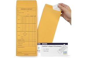 VOLCORA [100 Pack] Cashier Envelopes for Cash Deposit Drop and Money Reporting, Peel and Seal Gum Flap, Coin Holder Bank Budgeting Envelope, Banking Daily Slips Organizer, Yellow Kraft Paper - 10.4” x 2.5”