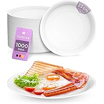 Inoverse 1000 stuks papieren borden, wit, rond 23 cm, milieuvriendelijke wegwerpborden van karton, feestservies, taartborden, wegwerpservies, wit