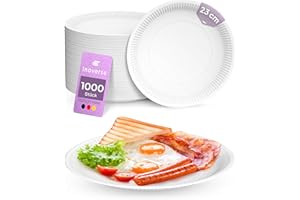 Inoverse 1000 piatti di carta, bianchi, usa e getta, rotondi, 23 cm, ecologici, stoviglie usa e getta, piatti da torta, piatti monouso in cartone, piatti di carta