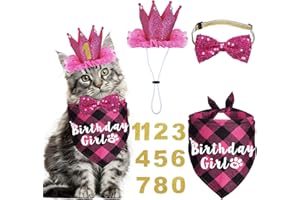 JOTFA Cat Birthday Outfits Kitten Bandanas and Hats - Cat Birthday Girl Number and Bow Tie - Rose Theme Decorations