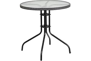 Flash Furniture Barker 28'' Round Tempered Glass Metal Table with Gray Rattan Edging
