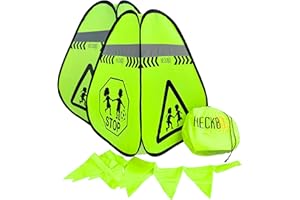 HECKBO 2X Pylone Achtung Kinder Schild spielende Pylonen Pylone + Wimpelkette - Kinder Straßenpylone Kinder Sicherheit Safety Pop Up Set