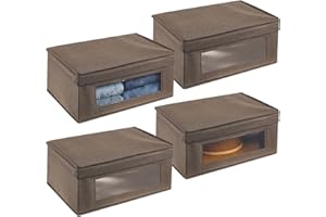 mDesign Set da 4 scatole portabiancheria – Scatole per armadi con coperchio e finestra trasparente – Scatola contenitore rettangolare in tessuto sintetico per vestiti e accessori – marrone scuro