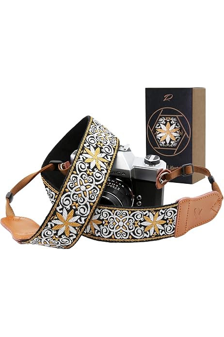 Sangle D'appareil Photo Padwa - Extrémités En Cuir De Vachette, Bandoulière En Coton Brodé 2 Pouces - Réglable Et Confortable