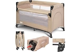 NELIK ŁÓŻECZKO TURYSTYCZNE DOSTAWNE DWUPOZIOMOWE OPUSZCZANY BOK MATERAC KÓŁKA | Beżowe| 2 poziomy | dla niemowląt | dla dzieci