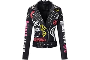 Giolshon Femmes Similicuir Veste Clous Rivets Floral Moto Court Revers Blousons