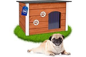 Outentin Hundehütte Outdoor Winterfest - Hundehaus für Mittelgroße Hund - Isoliert und Wetterfest - Hunde Haus für Draußen mit zum Öffnen Flachdach - Stabile und Moderne Villa - 76 x 60 x 60cm - Teak