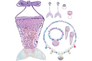 NSWAYY Sirène Bijoux pour Petite Fille - 8Pcs avec Sac Bandoulière en Forme de Queue, Collier, Bracelet, Boucles d'Oreilles, Bague et Pince à Cheveux - Ensemble pour Filles