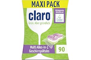 ‎CLARO claro Multi All-in-1 Dishwasher Tabs, 90 Dishwasher Tabs, Phosphate-Free, Environmentally Friendly & Vegan, Water-Soluble Film, White