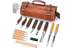 K KERNOWO Woodworking Set 17PCS Wood Tools Kit for Whittling & Carving, Including Premium PU Leather Wrap for DIY Beginners and Enthusiasts