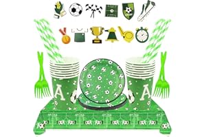 Lunriwis 85 Stück Fußball Partygeschirr Set, Fußball Geburtstag Geschirr für Liebhaber, Fußball Pappteller Becher Gabeln Strohhalme Tischdecke Cake Toppers für Kindergeburtstag, für 15 Personen