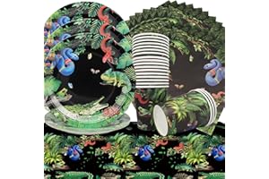 Doyomtoy 61 Stück Reptilienparty-Geschirr,Reptilien-Eidechse,Schlange, Geburtstagsparty-Zubehör,Wildtiere,Eidechsen,Teller,Tassen,Servietten,Tischdecke,Reptilien-Party-Dekorationen